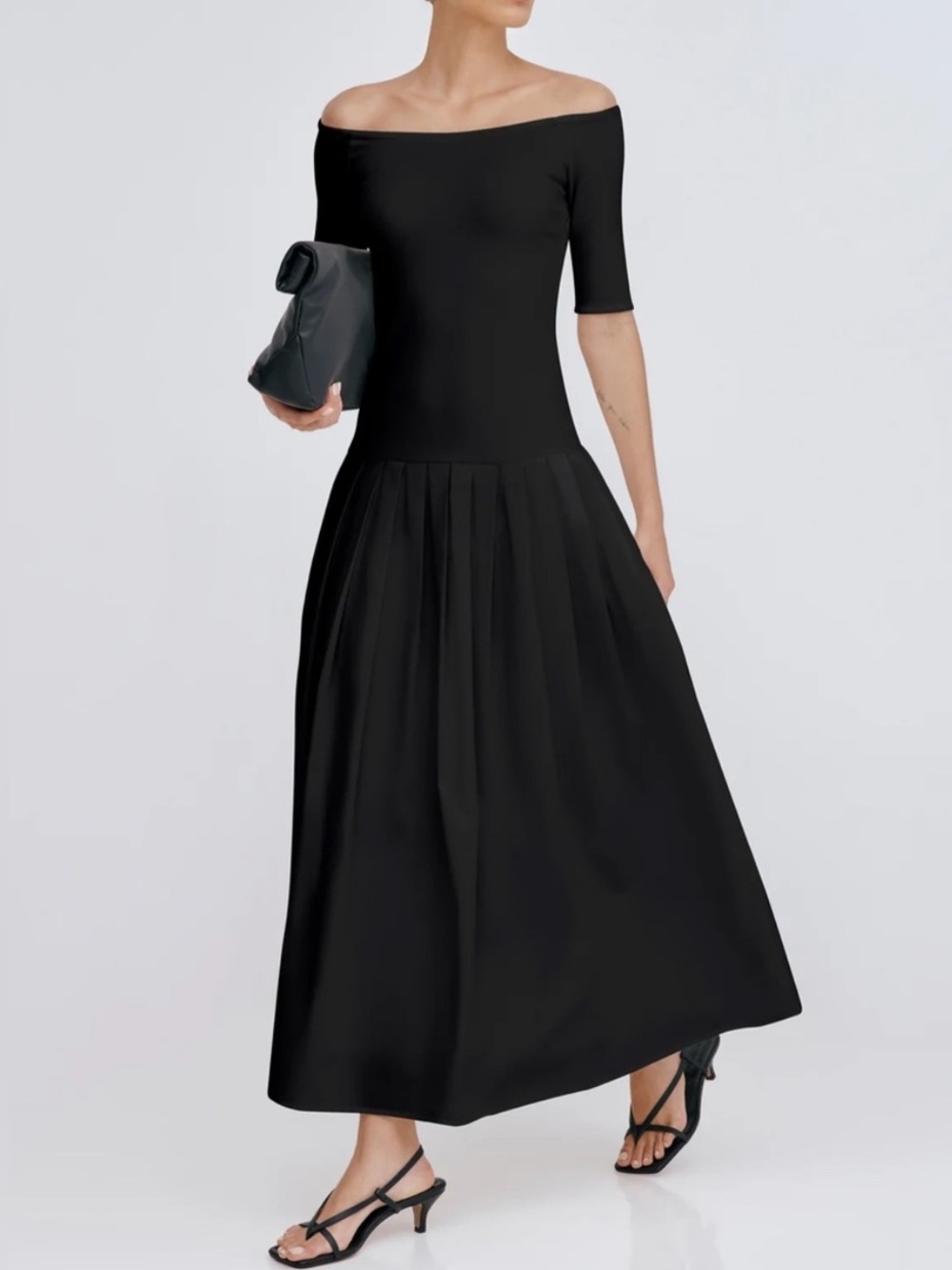 Marcella Black Maxi Dress Wide Neck Neutral Minimal Normcore Party Medium Petite